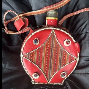 Vintage Glass Flask Red Leather cover